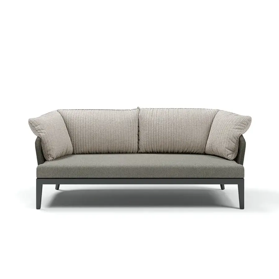 Distinguished Atmosphera Dream 2.0 sofa built with light gray textile and hand-woven round rope backrest for enduring outdoor style