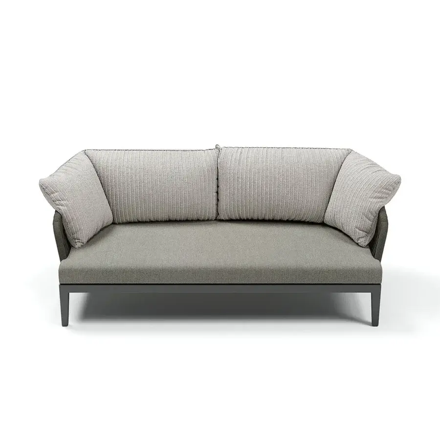Elegant Atmosphera Dream 2.0 sofa built with light neutral gray textile and hand-woven rope backrest for contemporary outdoor living