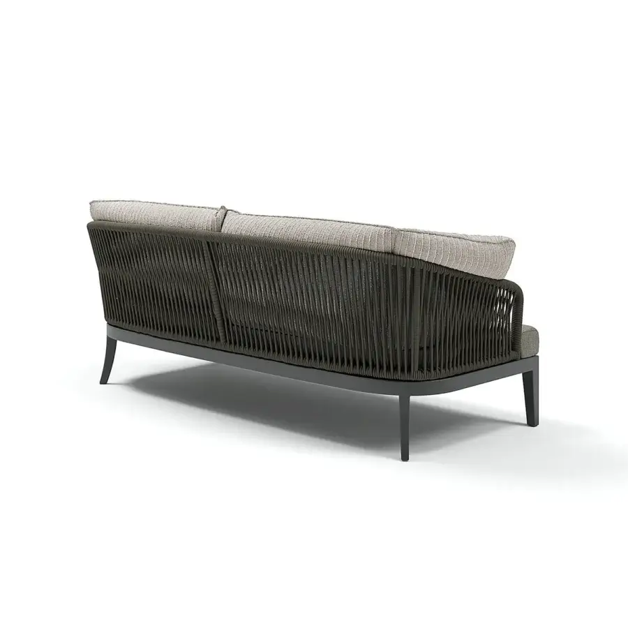 Exceptional Atmosphera Dream 2.0 sofa with a hand-woven round rope back and light gray cushions built with a matte dark gray metal frame