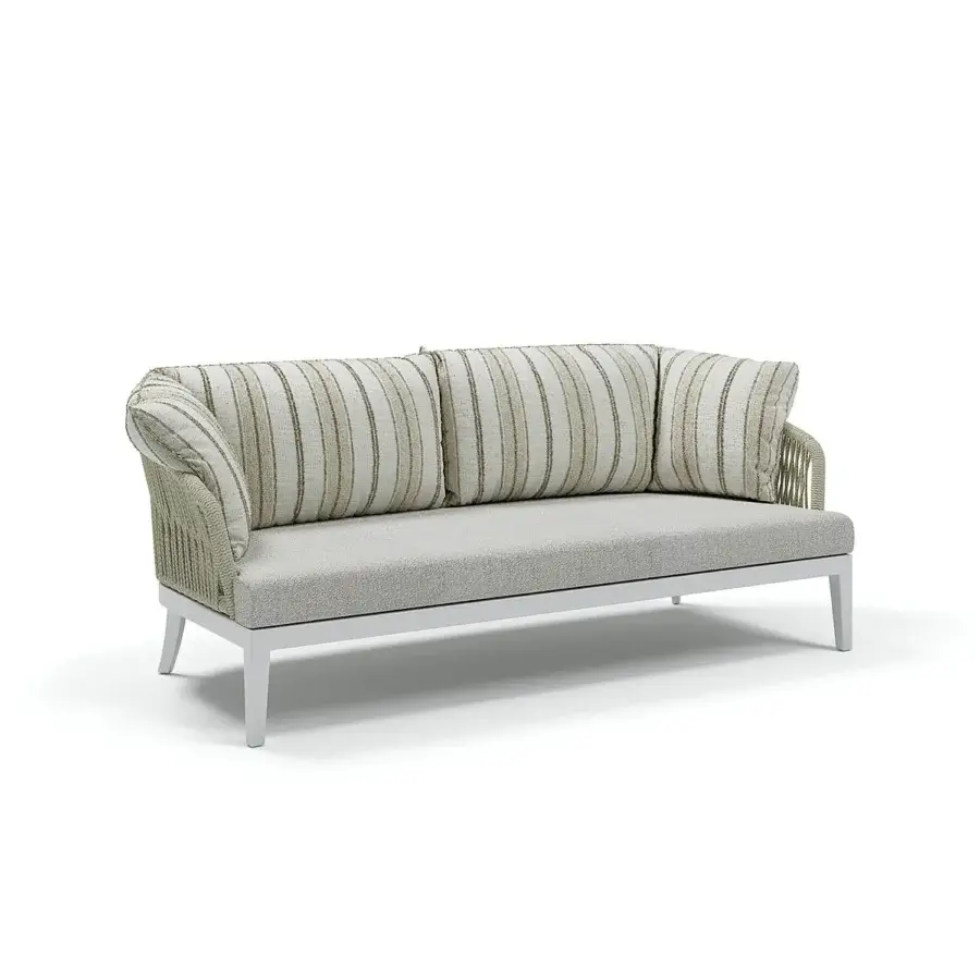 Superior Atmosphera Dream 2.0 sofa with tactile neutral gray upholstery and a hand-woven rope backrest built with a durable metal frame