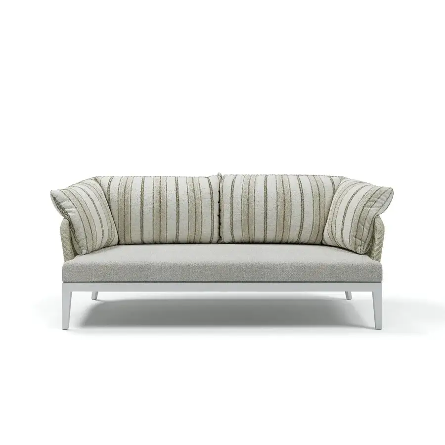 Distinguished Atmosphera Dream 2.0 sofa with muted gray metal and inviting beige striped textile cushions crafted with a hand-woven rope backrest
