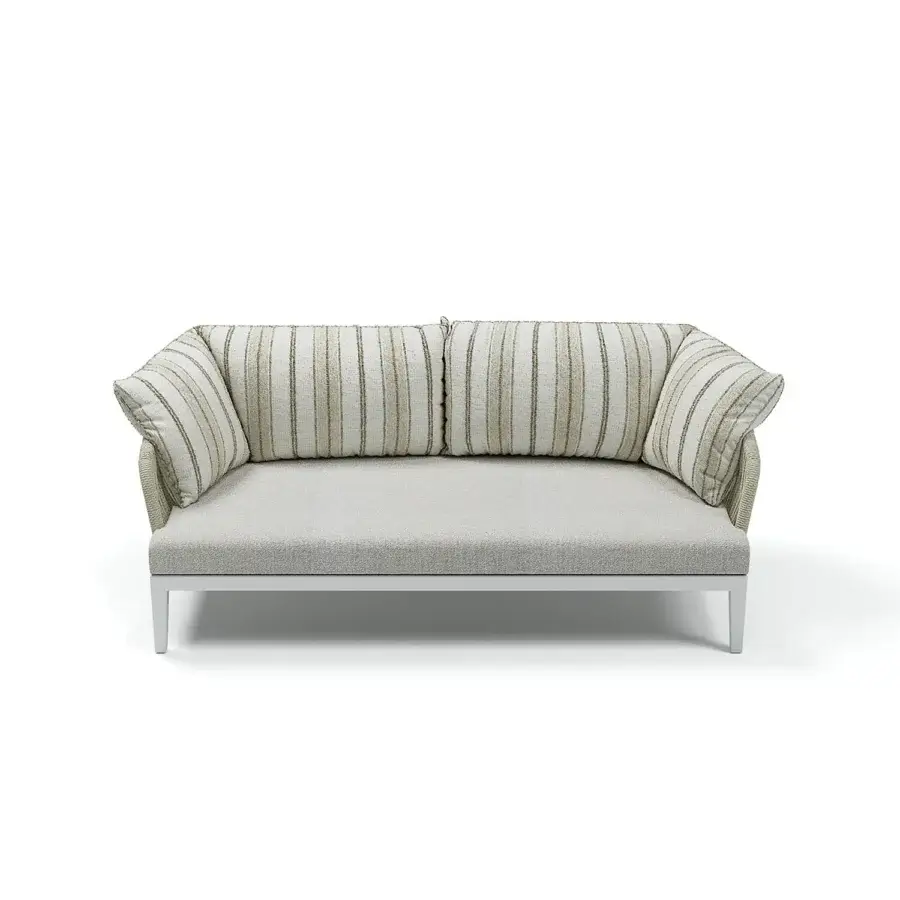 Exceptional Atmosphera Dream 2.0 sofa with heathered neutral gray textile and hand-woven round rope backrest for lasting style