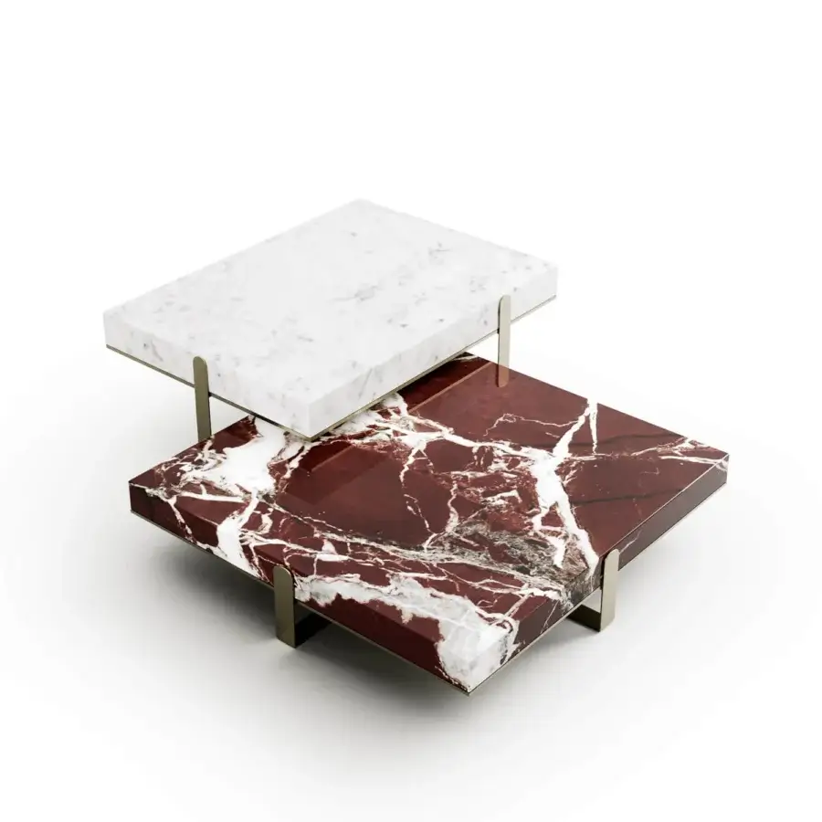 Exceptional Capital Grand coffee table with tiered reddish-brown and white marble tops plus brass-toned metal legs