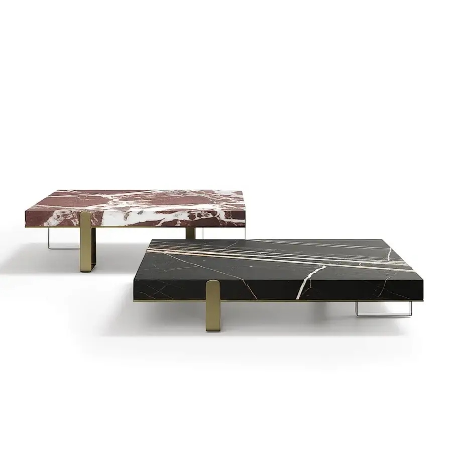 Distinguished Capital Grand coffee table with reddish-brown marble tops and sleek gold-toned metal legs
