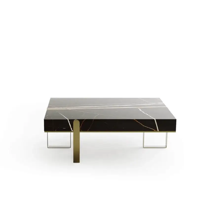 Distinguished Capital Grand coffee table with cool marble tops and slender gold-toned metal legs crafted in Italy