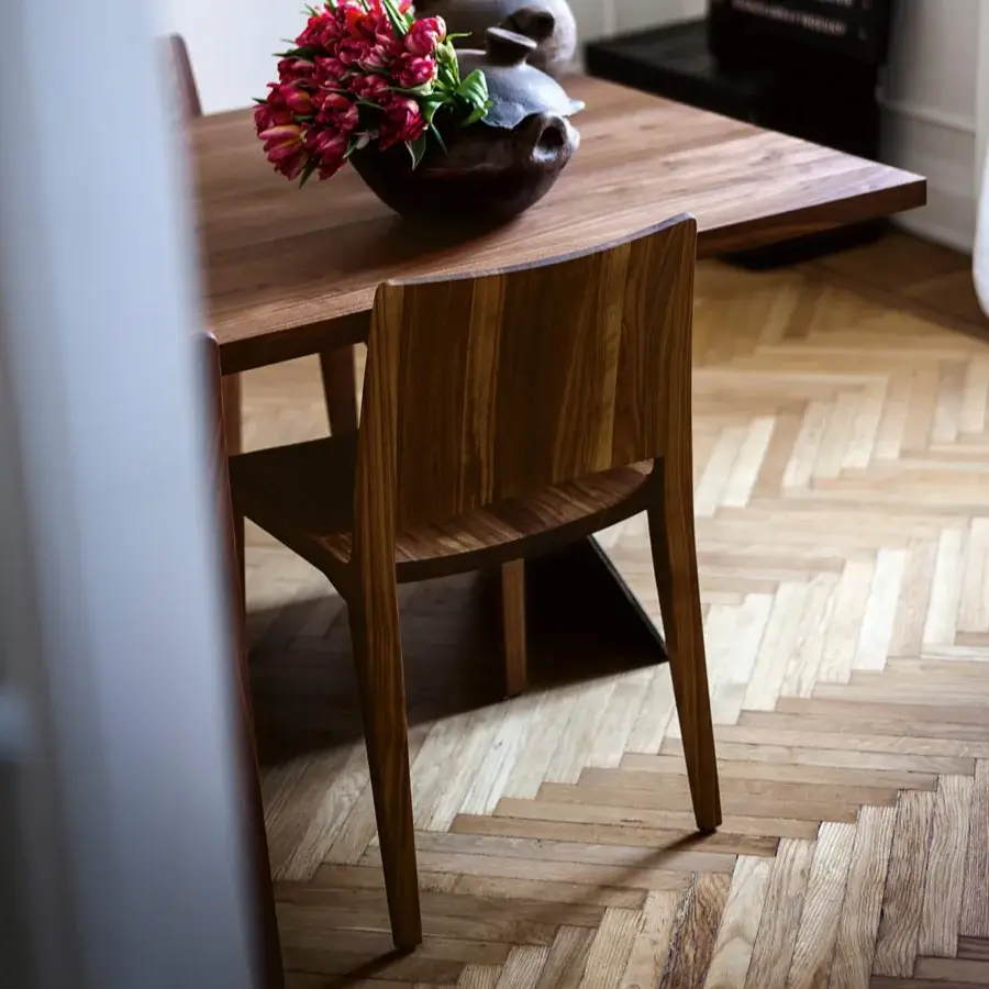 Distinguished Riva 1920 Voltri chair crafted in warm medium-toned brown solid wood with a satin finish and interlocking joints