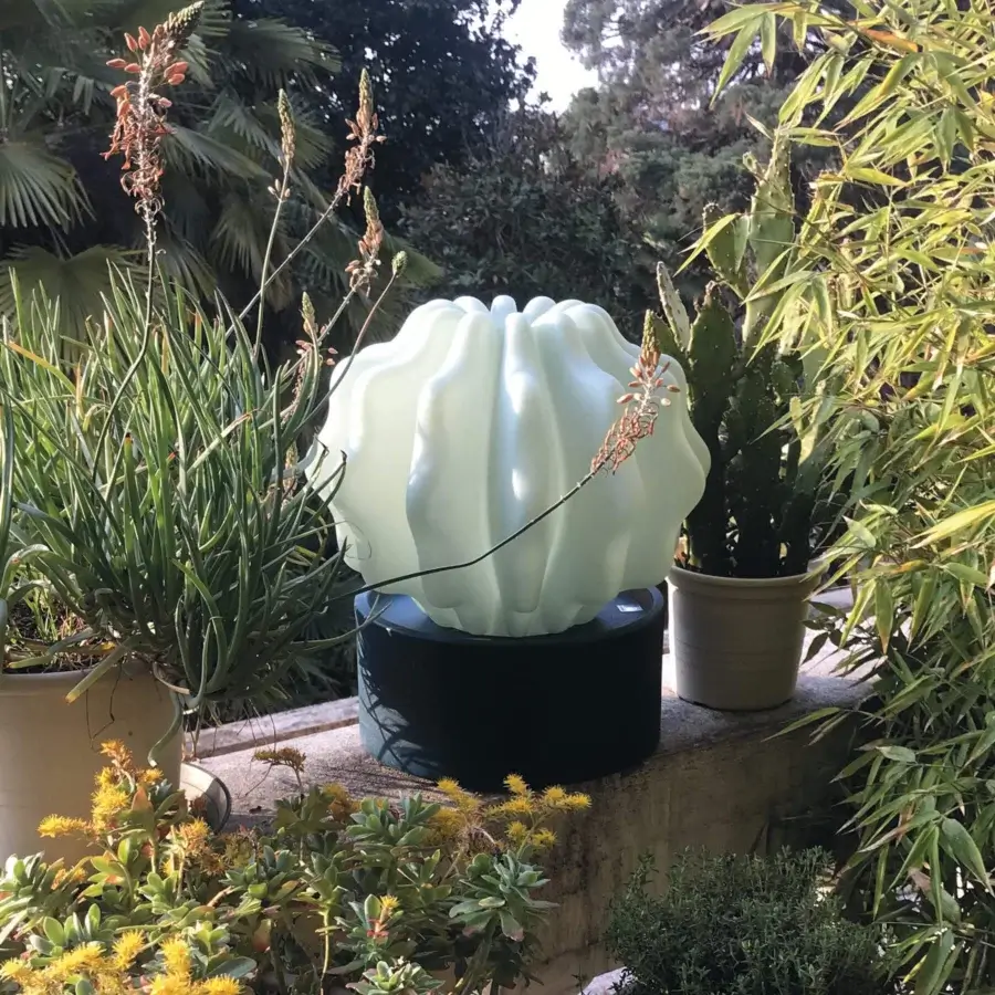 Distinguished Serralunga Cactus sculpture with bulbous form crafted in pale green recyclable LLDPE and textured finish