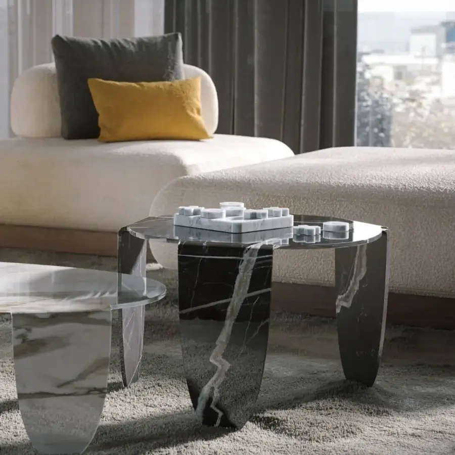 Superior Tonin Casa Arturo coffee table crafted in moulded glass with Calacatta Black marbling and glossy finish