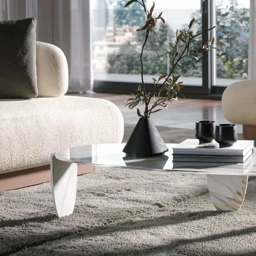 Elegant Tonin Casa Arturo coffee table crafted in moulded glass with a Calacatta finish and sculpted base