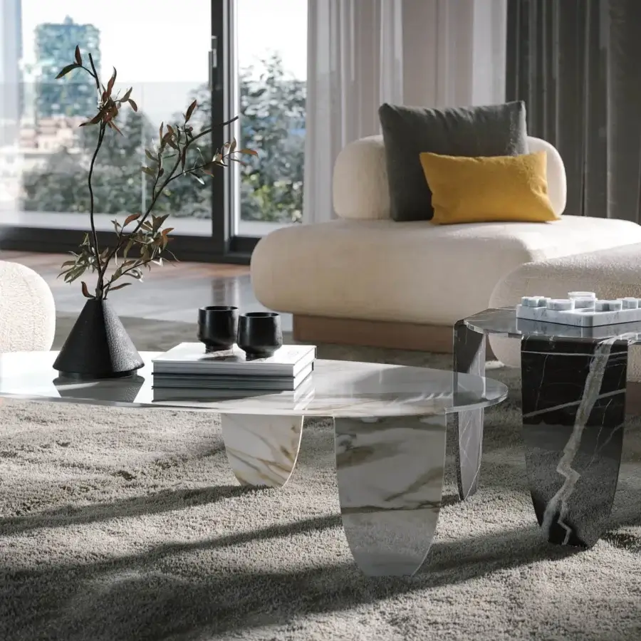 Distinguished Tonin Casa Arturo coffee table crafted in moulded glass with Calacatta marble-inspired finishes and a textured matte base