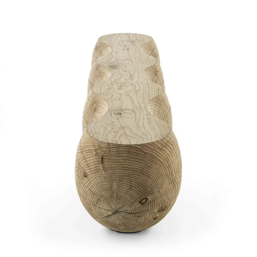 Superior Riva 1920 Bruco bench sculpted from Lebanon Cedar wood with organic form and light to medium brown tones