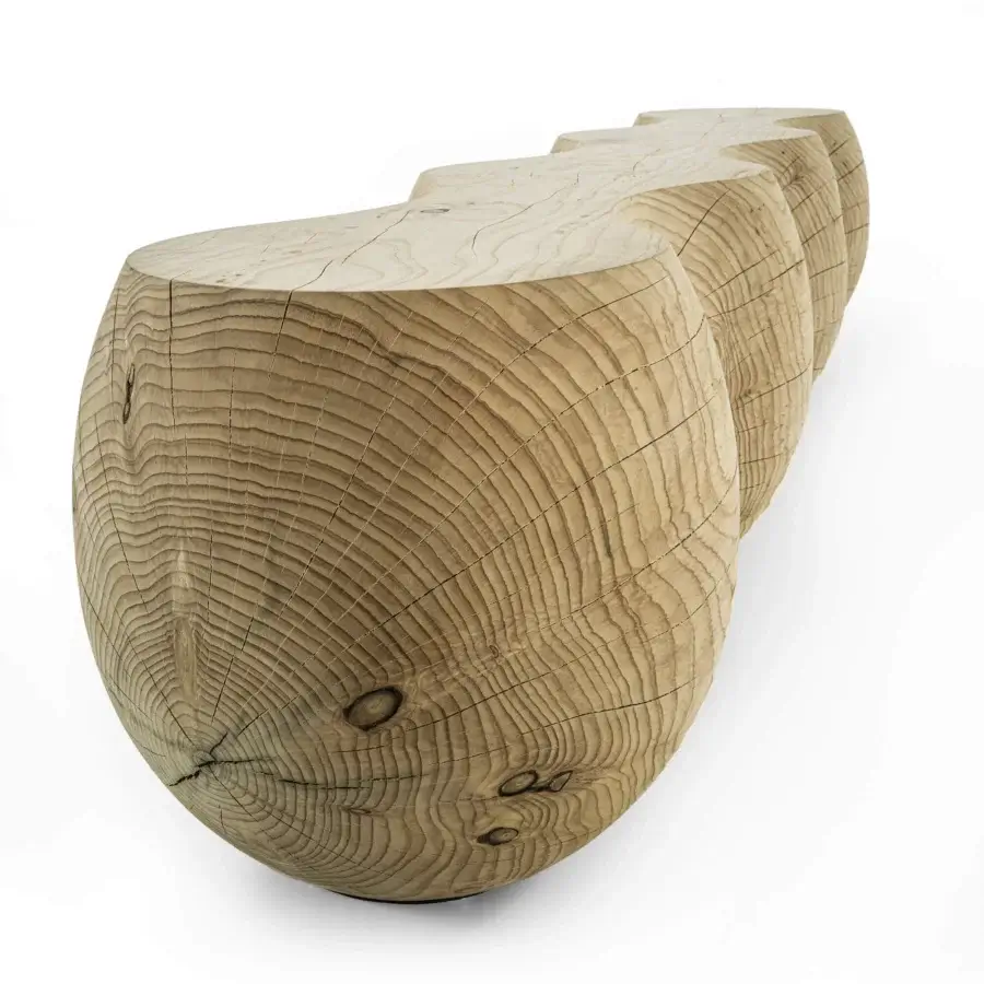 Distinguished Riva 1920 Bruco bench crafted in Lebanon Cedar wood with a matte, textured finish and flowing curved lines