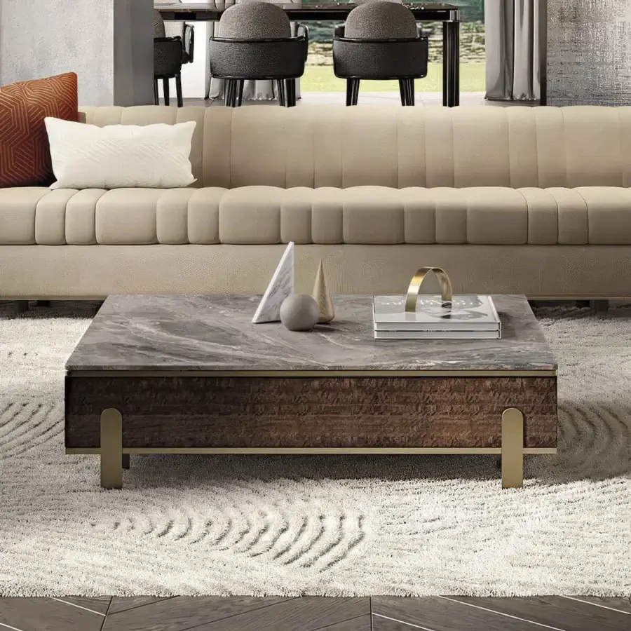 Distinguished Capital Grand coffee table with a marble tabletop and solid wood built with a satin finish