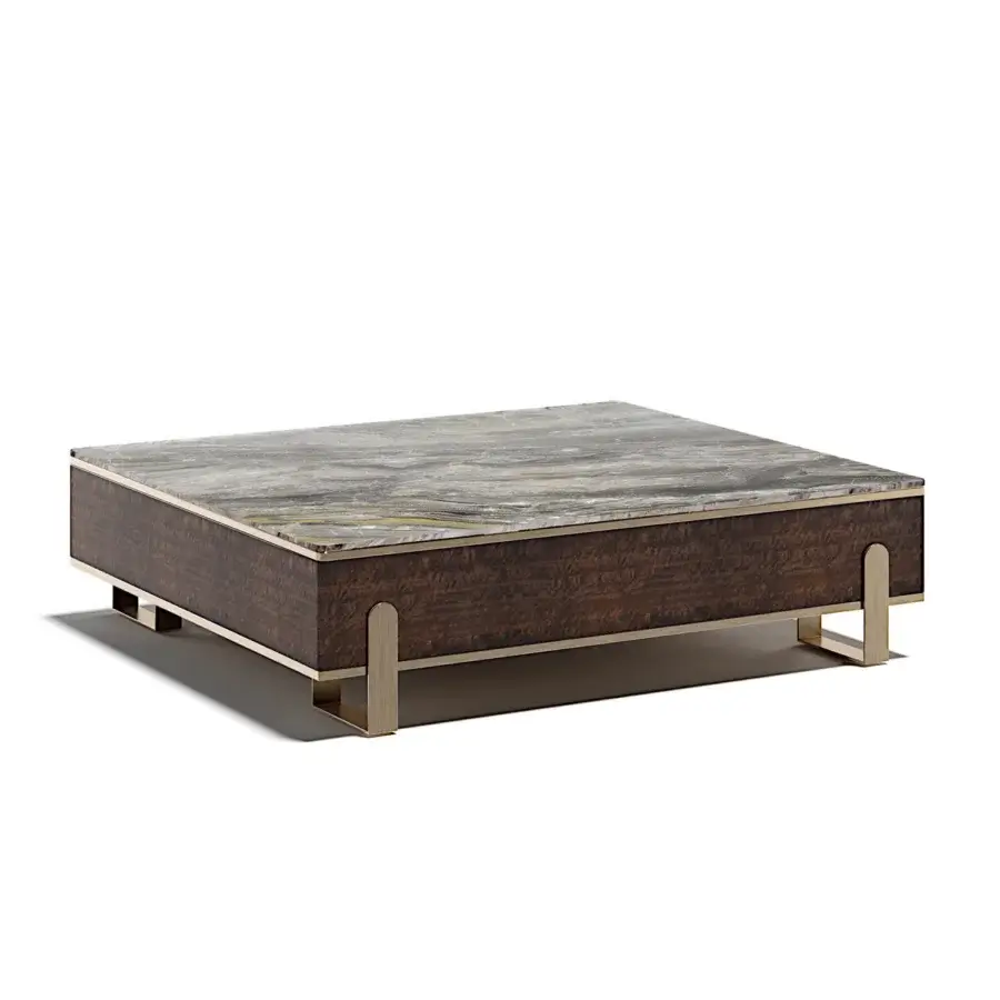 Superior Capital Grand coffee table crafted with dark brown wood, cool gray marble, and lustrous brass-toned metal legs with a satin finish