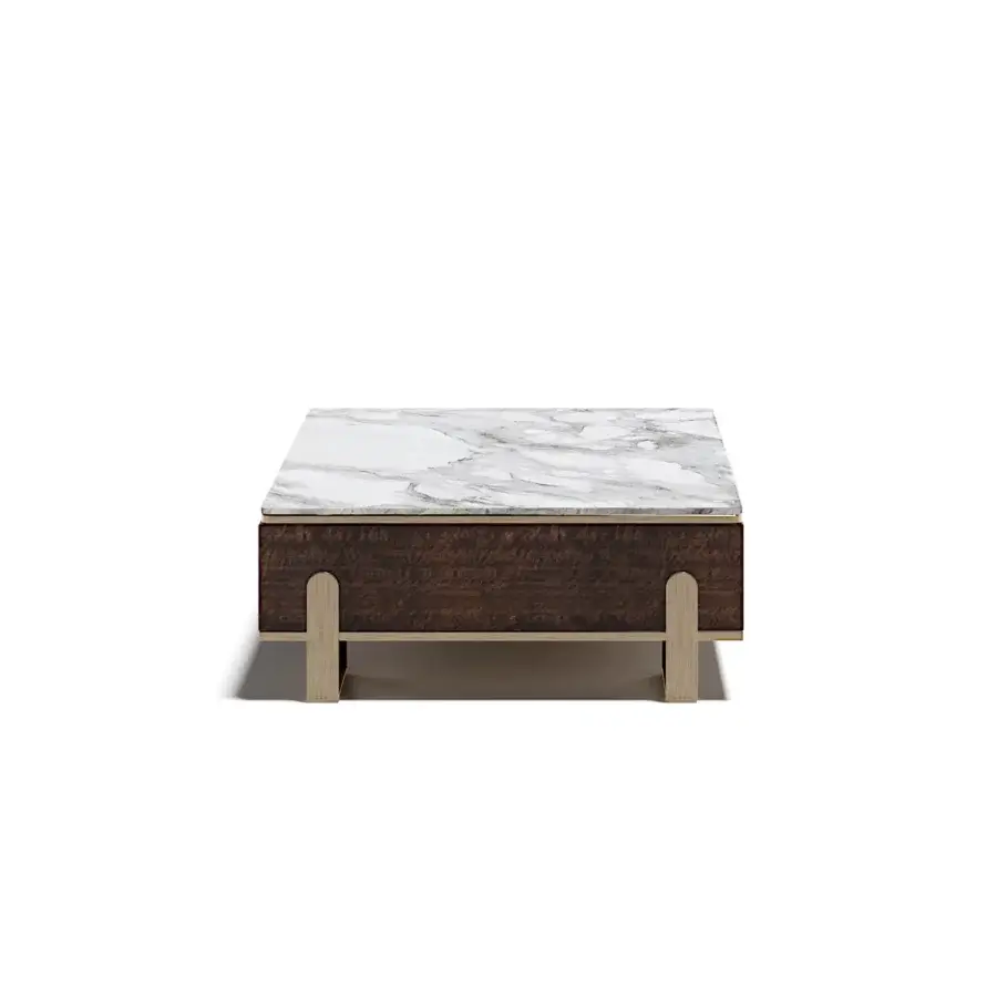 Impeccable Capital Grand coffee table built with gray veined marble and dark toned wood exhibiting a satin finish