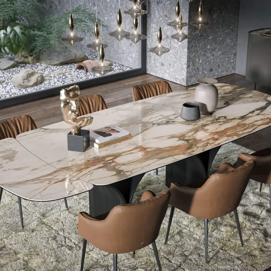Distinguished Tonin Casa Arco Ext table with marble-effect ceramic tabletop and thermo-curved wooden base in warm beige and brown veining with glossy polish