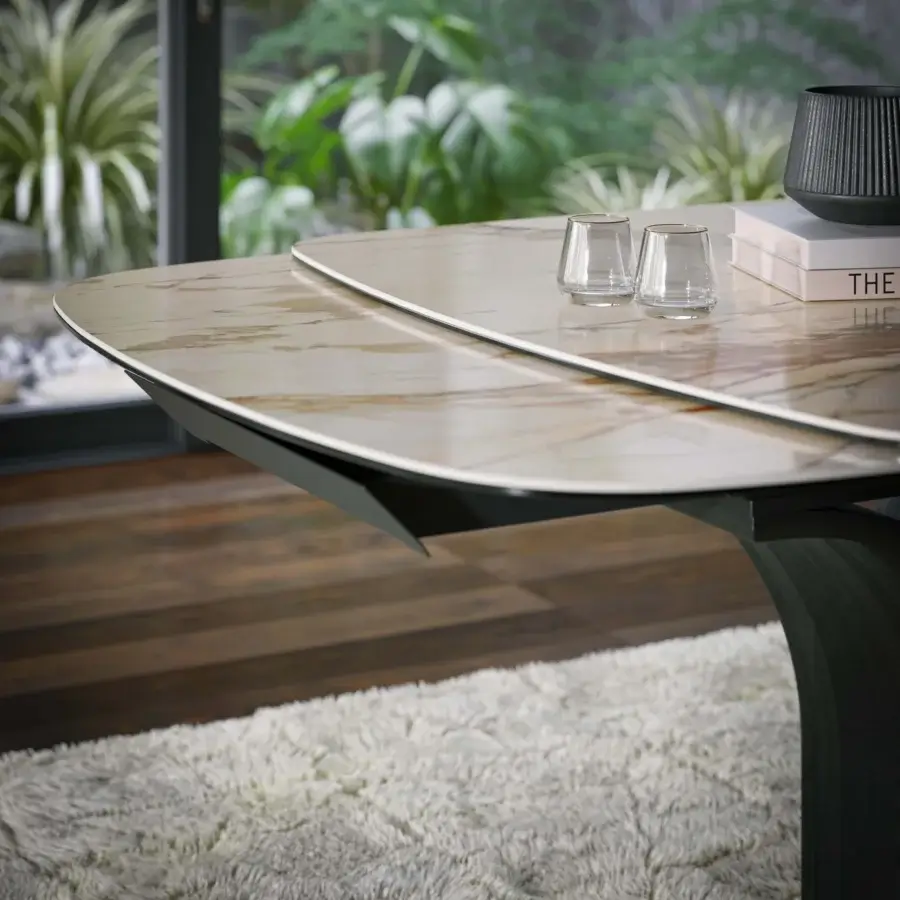 Captivating Tonin Casa Arco Ext table with a marble-effect ceramic tabletop and dark-stained sculpted wooden base
