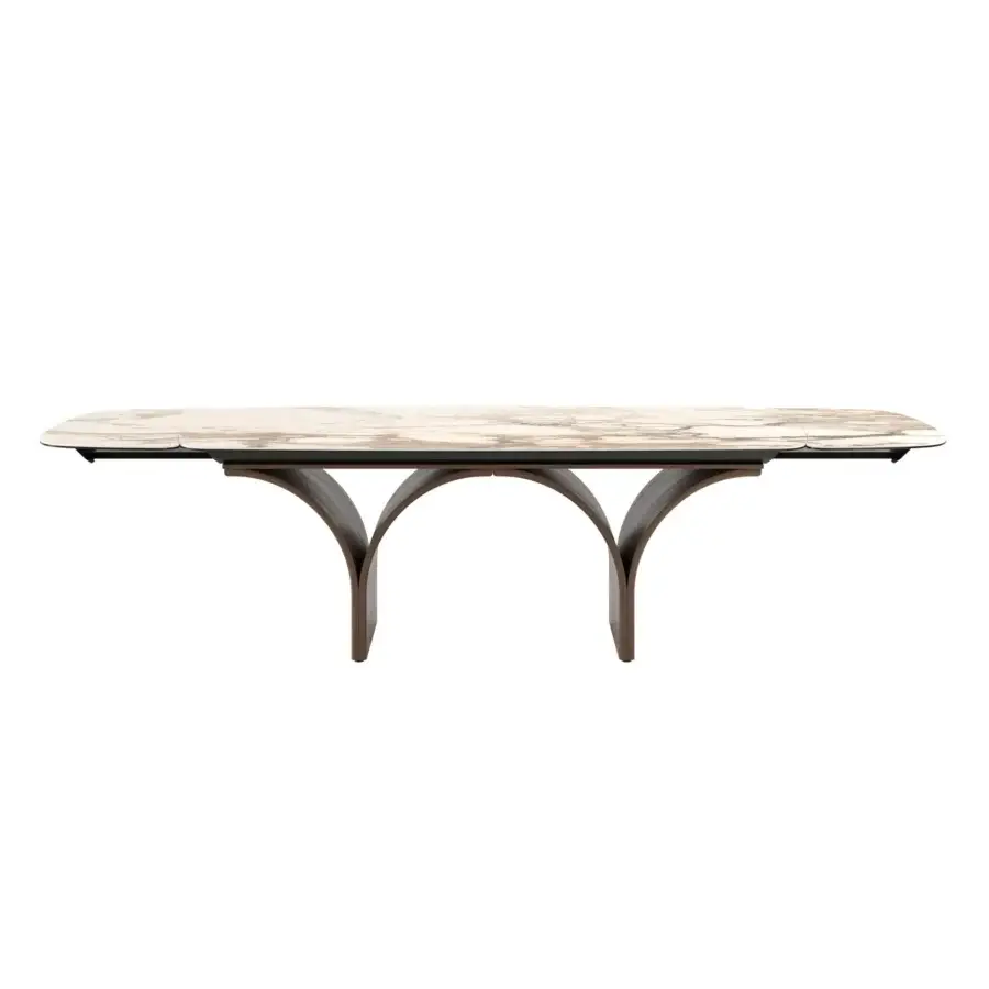 Superior Tonin Casa Arco Ext table with light grey and beige veining in marble-effect ceramic and satin-finish thermo-curved wood