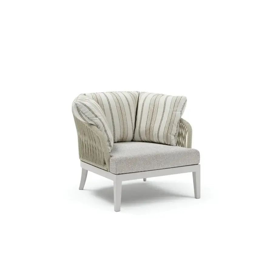 Distinguished Atmosphera Dream 2.0 lounge chair with a matte light gray metal frame and textured beige cream cushion crafted with hand-woven detailing