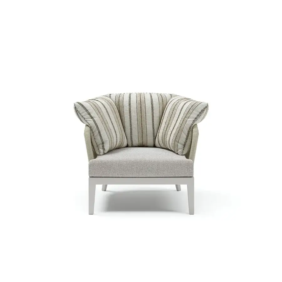 Exceptional Atmosphera Dream 2.0 lounge chair in neutral beige fabric with hand-woven rope and a light-toned wood frame