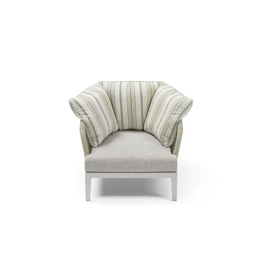 Superior Atmosphera Dream 2.0 lounge chair with hand-woven rope detailing and plush gray fabric seat built with satin-finish light wood legs