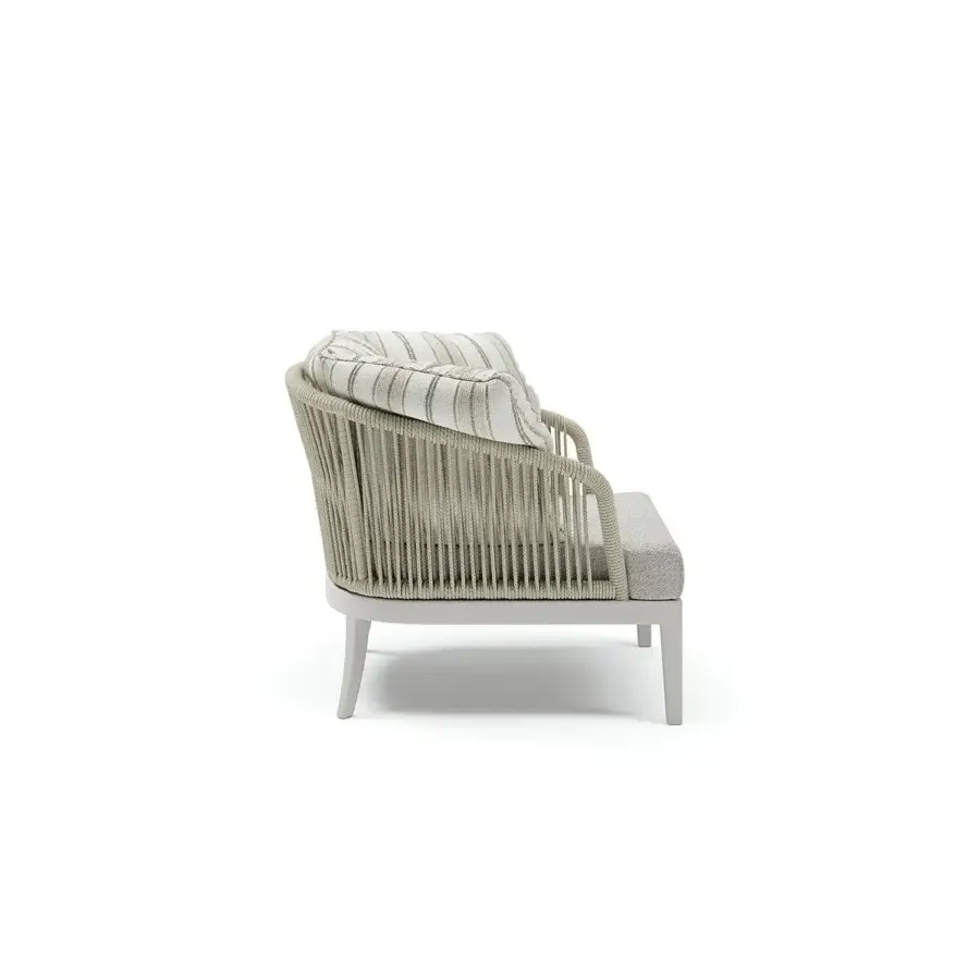 Refined Atmosphera Dream 2.0 lounge chair hand-woven with durable rope and high-performance fabric in a light beige striped palette with a satin wood frame