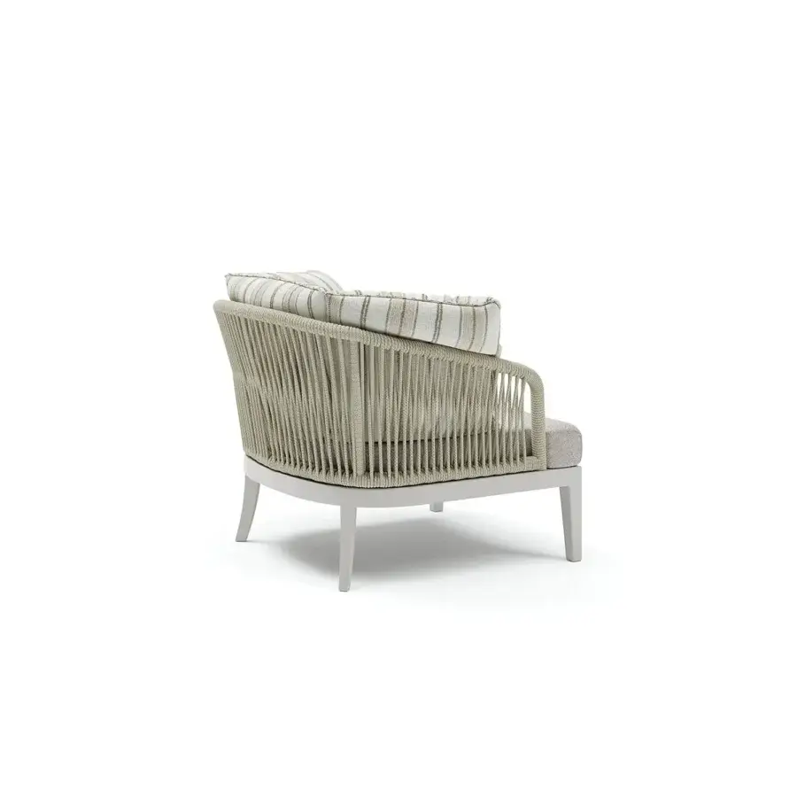 Distinguished Atmosphera Dream 2.0 lounge chair crafted with light-toned fabric, woven rope detailing and a matte light gray wooden frame