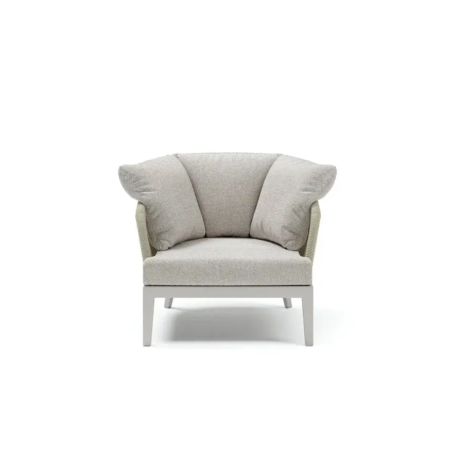 Superior Atmosphera Dream 2.0 lounge chair crafted with light gray metal and high-performance fabric, featuring hand-woven rope detailing