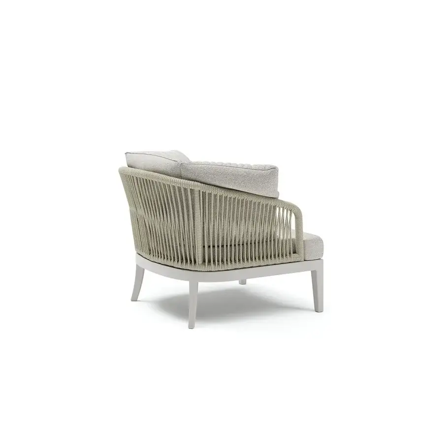 Exceptional Atmosphera Dream 2.0 lounge chair hand-woven with durable light-colored rope and high-performance fabric in a muted beige tone