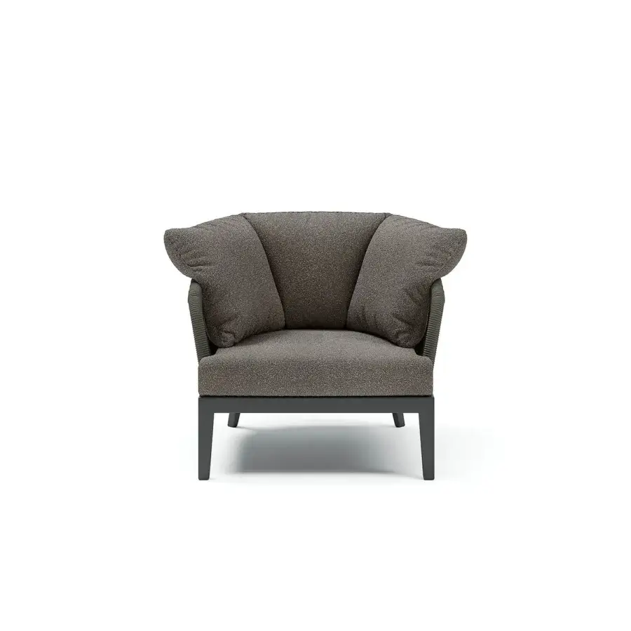 Refined Atmosphera Dream 2.0 lounge chair built with hand-woven gray rope and high-performance fabric in a smooth matte wood frame