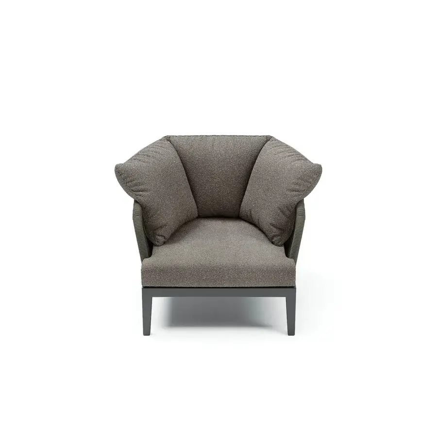 Distinguished Atmosphera Dream 2.0 lounge chair crafted with heathered gray fabric and hand-woven rope detailing in a smooth matte wood base