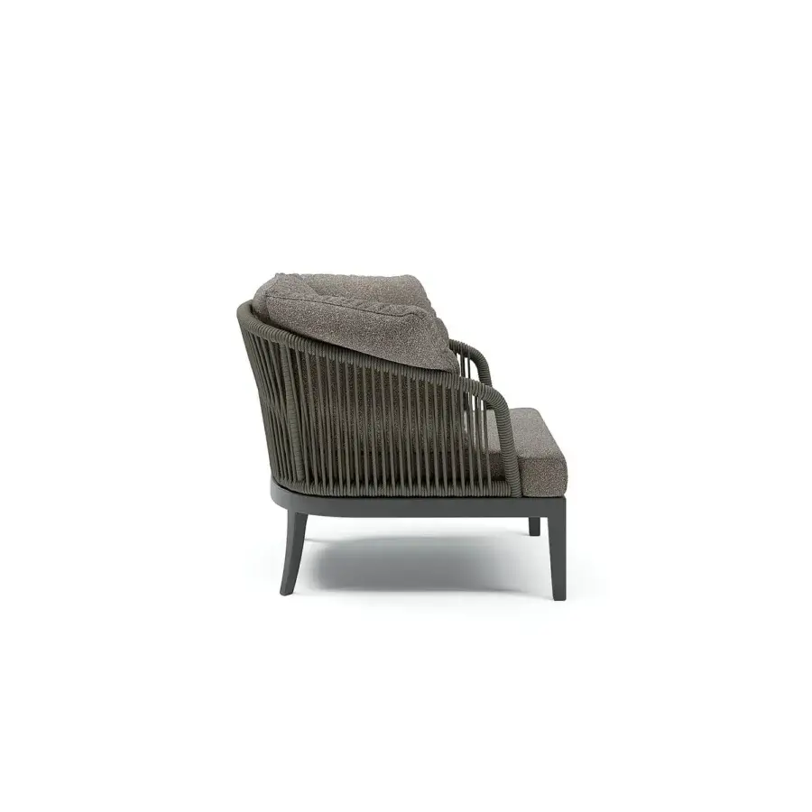 Exceptional Atmosphera Dream 2.0 lounge chair with hand-woven gray rope backrest and muted gray high-performance fabric in a dark gray matte finish