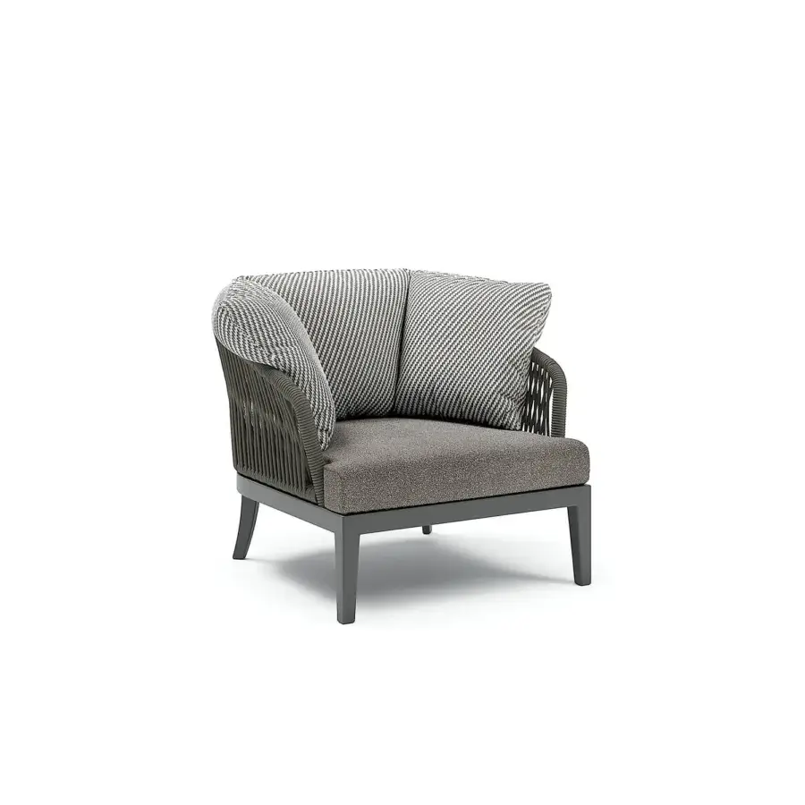 Elegant Atmosphera Dream 2.0 lounge chair with a dark gray metal frame and hand-woven gray rope armrests in high-performance fabric