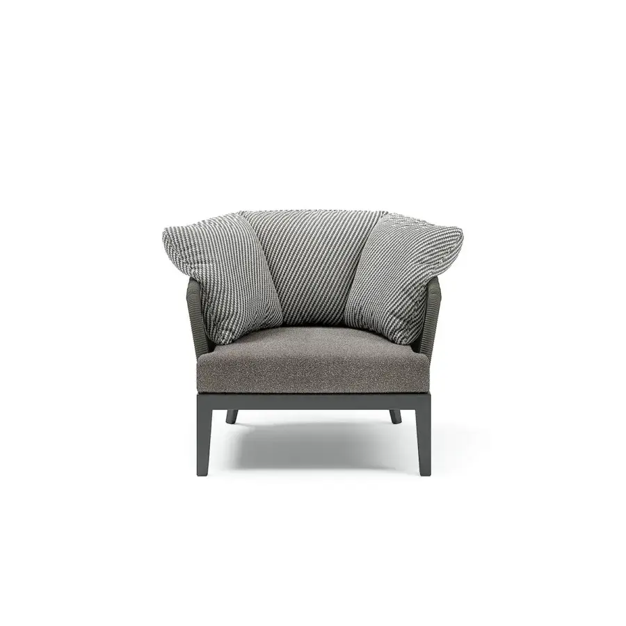 Distinguished Atmosphera Dream 2.0 lounge chair with a matte gray metal frame and textured mid-tone gray fabric upholstery crafted with hand-woven rope detailing