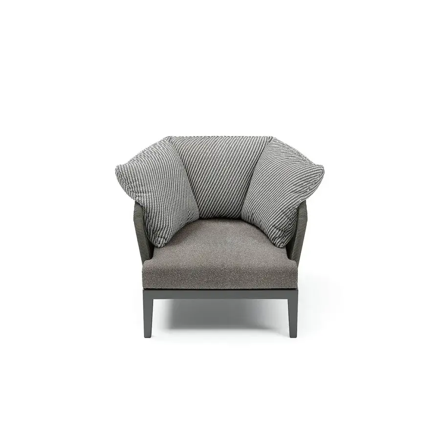 Exceptional Atmosphera Dream 2.0 lounge chair with hand-woven rope detailing and muted gray high-performance fabric against a lighter gray frame