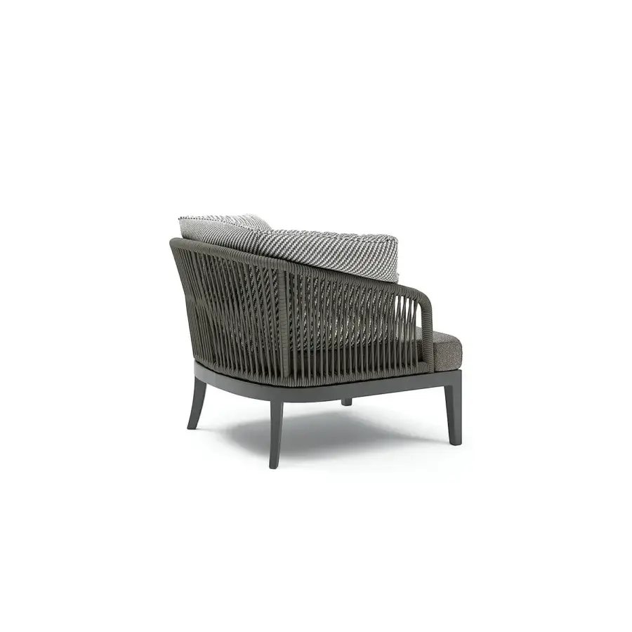 Refined Atmosphera Dream 2.0 lounge chair hand-woven with gray synthetic rope and built with a matching gray wood frame