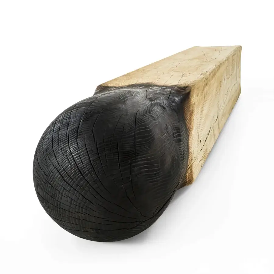 Superior Riva 1920 Ce(d)rino bench carved in Cedar of Lebanon with a dramatically charred “Vulcano” finish and raw wood tone