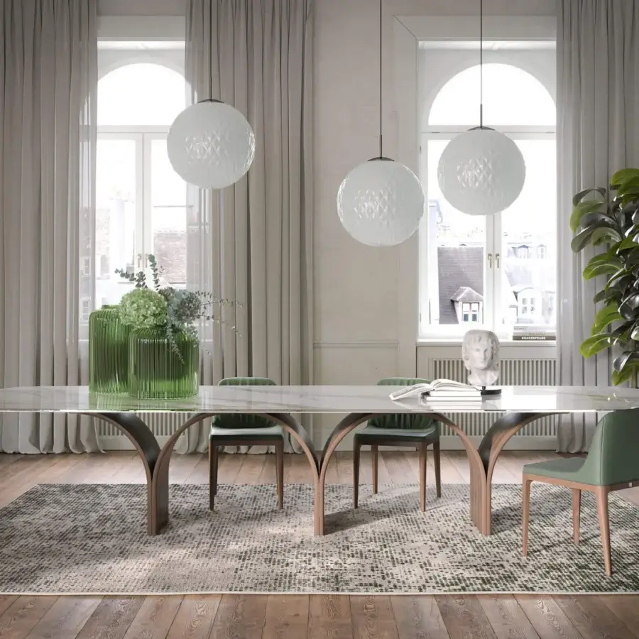 Exceptional Tonin Casa Arco Maxi table with Crystal Calacatta printed glass and dark-toned sculptural arches supporting a marble-effect top