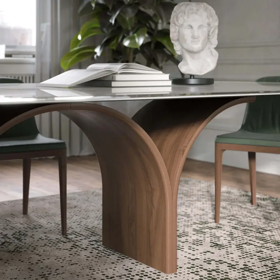 Lavish Tonin Casa Arco Maxi table with warm medium-brown wood grain and glossy Crystal Calacatta printed glass top crafted with a satin finish