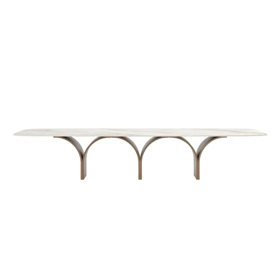 Superior Tonin Casa Arco Maxi table with Crystal Calacatta printed glass and dark bronze-toned wood-covered arches