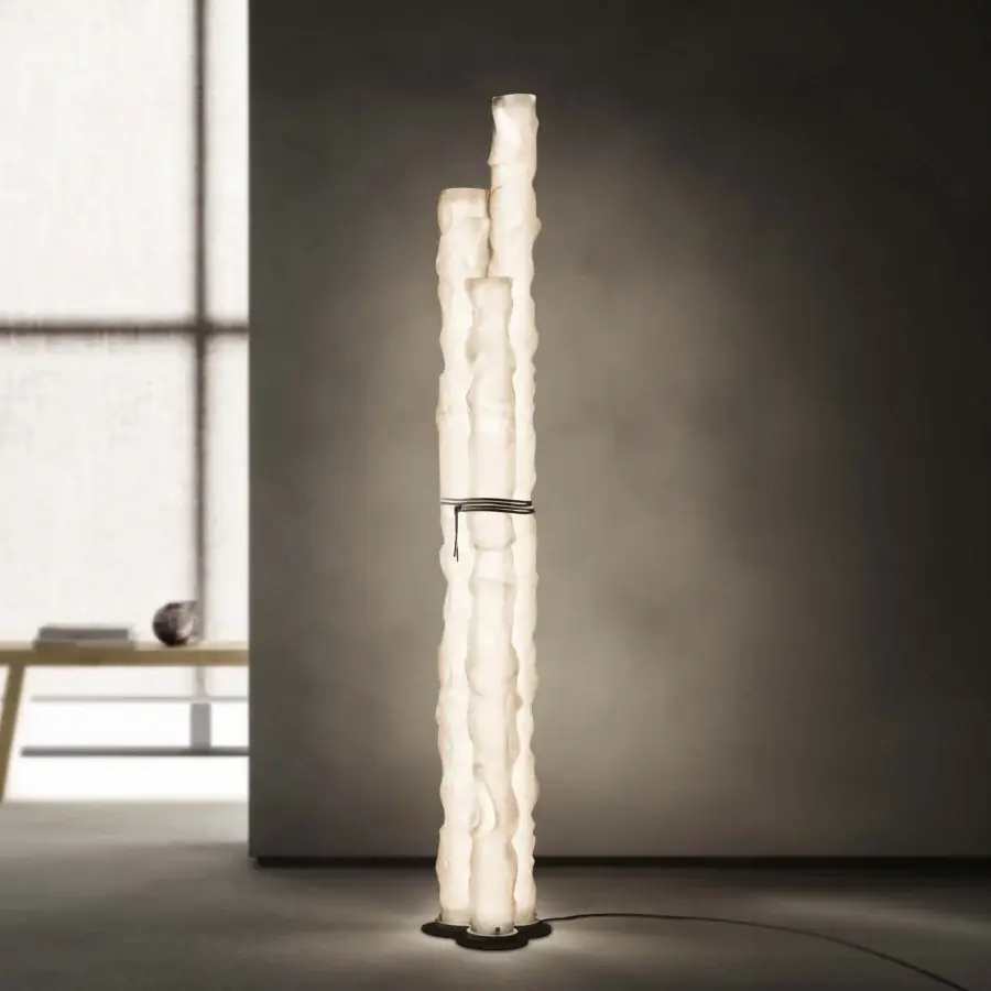 Distinguished Contardi Baggy Trio floor lamp crafted in Italy with double-satin polycarbonate diffusers and a softly textured matte finish