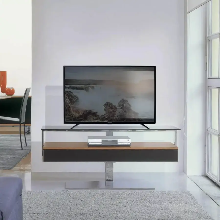 Superior Ivano Antonello Italia Bit TV stand with steel frame and wood drawer in a satin medium-brown tone