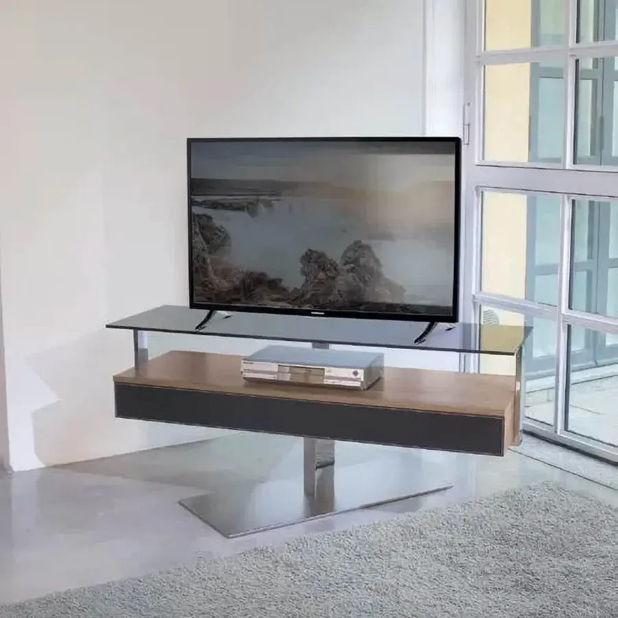 Elegant Ivano Antonello Italia Bit TV stand with a steel frame and warm wood-grain drawer with satin finish