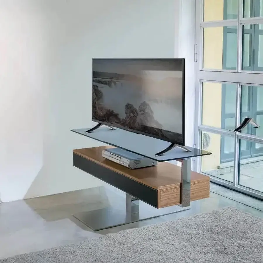Distinguished Ivano Antonello Italia Bit TV stand with a steel frame, medium-brown wood body and dark wood accents in a satin finish