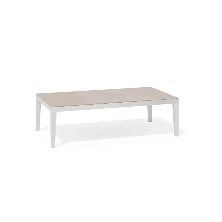 Distinguished Atmosphera Dream coffee table with a light neutral gray tempered glass and epoxy painted aluminum frame with painted stone finish