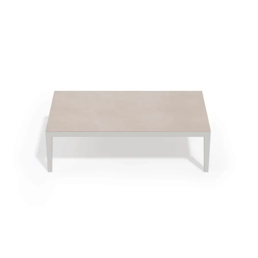 Exceptional Atmosphera Dream coffee table with a tempered glass tabletop and epoxy painted aluminum frame in neutral beige tones with a stone effect finish