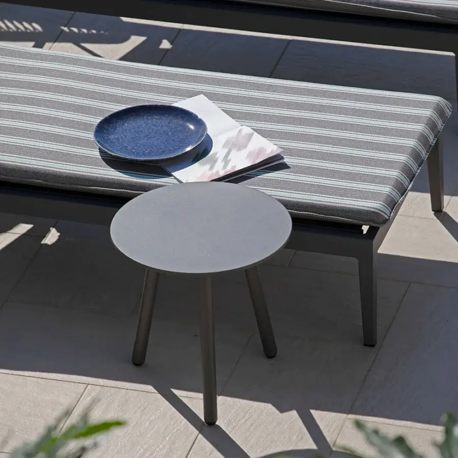 Refined Atmosphera Dream side table crafted with epoxy painted aluminum and neutral gray finish