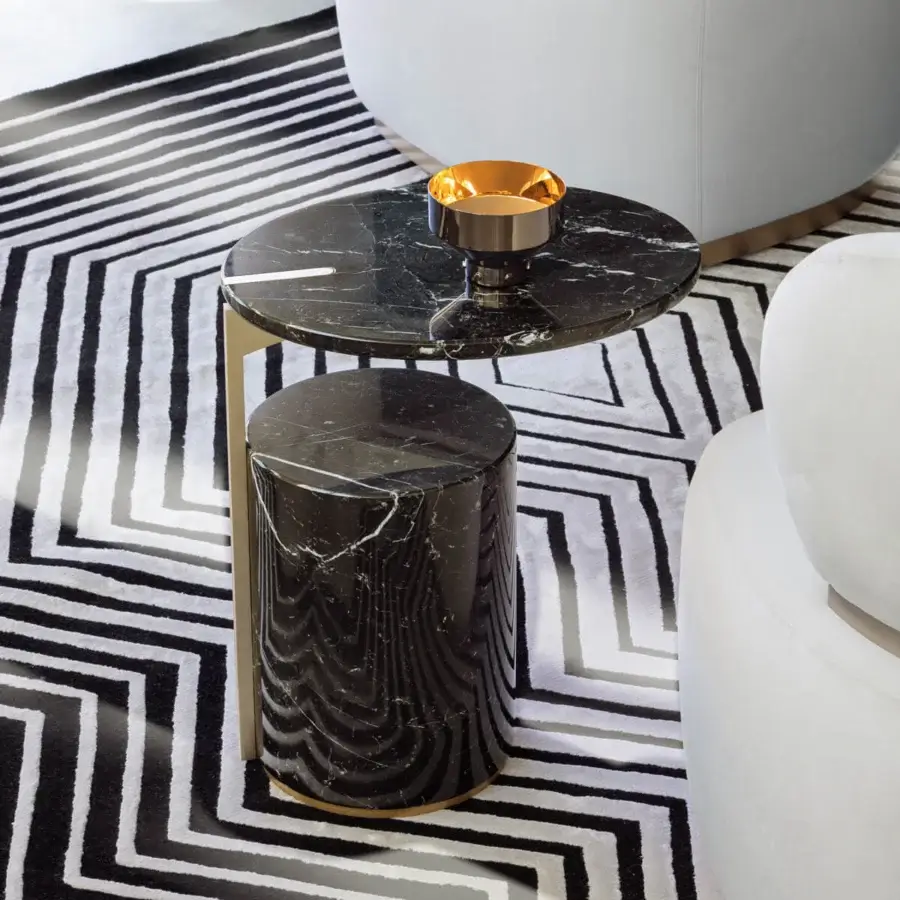 Superior Capital Hugo side table with dark marble tabletop and base plus sleek metallic connector with polished surfaces