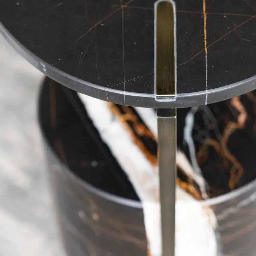 Distinguished Capital Hugo side table with dark marble exhibiting gold veining and brushed gold-finished metal construction