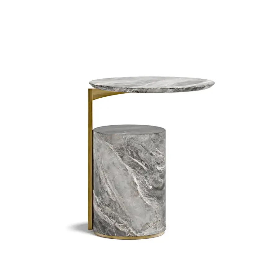 Superior Capital Hugo side table with cool gray marble exhibiting polished golden metal accents and curved support